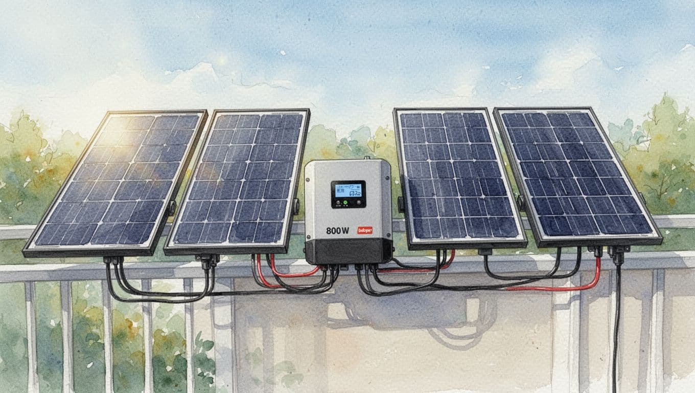 Four solar modules and an 800W inverter connected compatibly with clean cables on a terrace or balcony during a sunny day, rendered in watercolor style with soft blending and brush textures.