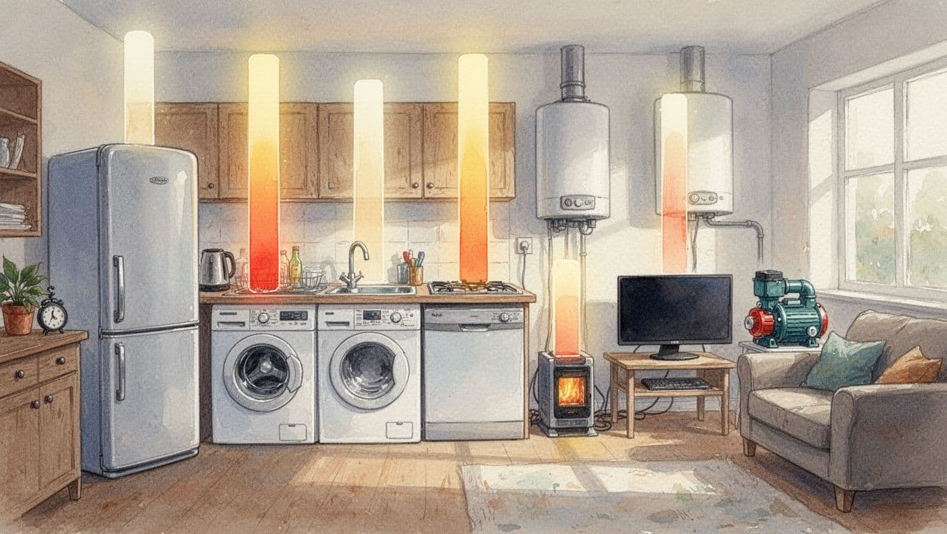 Watercolor-Stil-Illustration mit Haushaltsgeräten wie Kühlschrank, Waschmaschine, Trockner, Geschirrspüler, Boiler, TV, PC und Heizungspumpe in einer Küche- und Wohnzimmer-Szene, mit leuchtenden Balkendiagrammen über jedem Gerät für den Stromverbrauch.