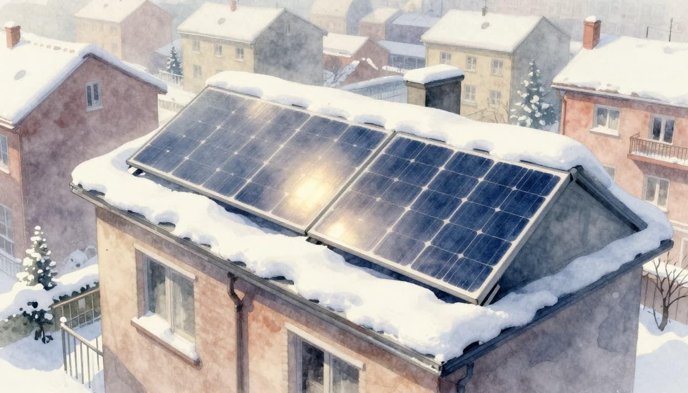 Watercolor illustration of two solar panels on an urban apartment balcony partially covered with light snow, where the snow reflects gentle winter morning sunlight onto the panels for extra energy yield.
