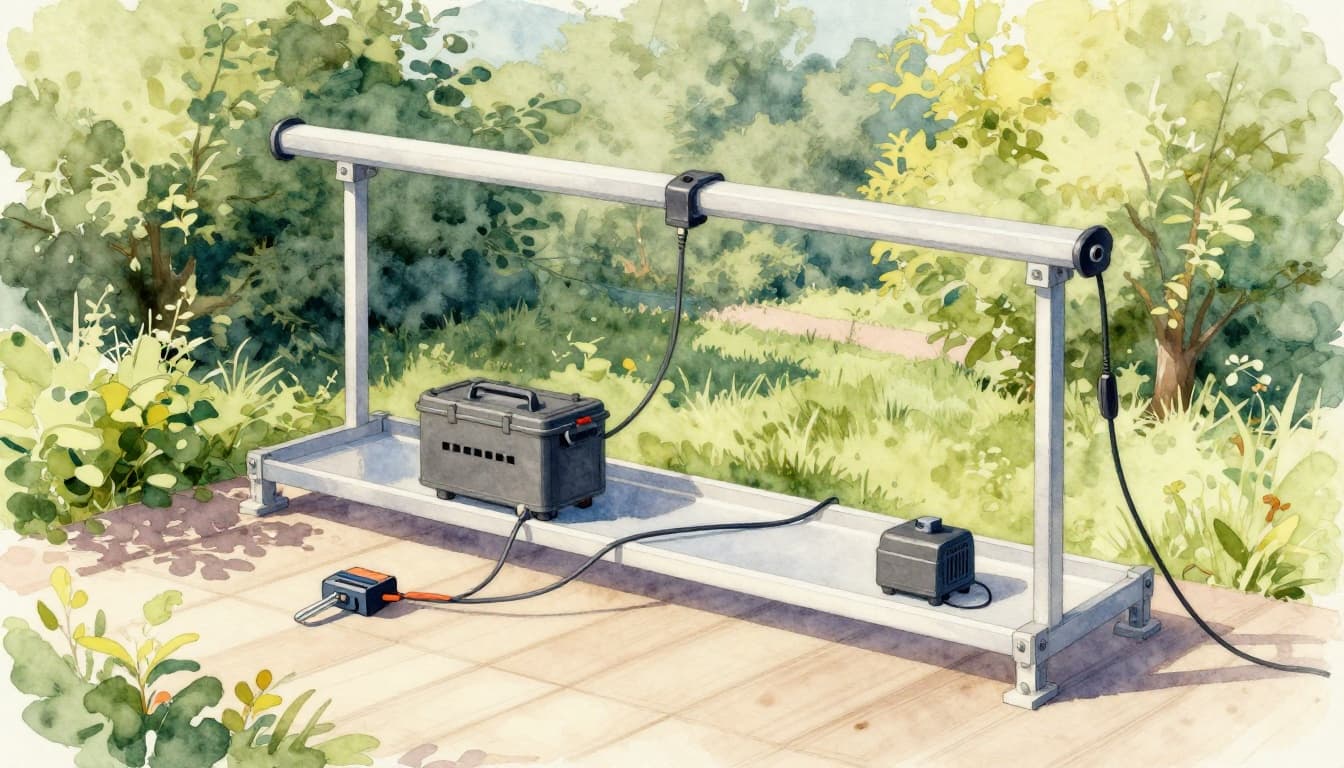 Watercolor-style illustration of a balcony solar power system installation: mount fixed to railing, panels mounted, inverter and battery connected to Schuko plug, tools nearby on a sunny day.