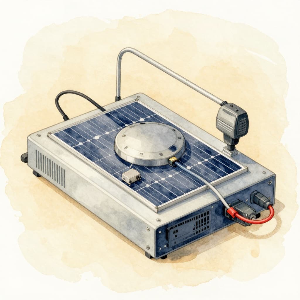 Ein Solarmodul, ein Wechselrichter mit Schuko-Stecker und Kabel, arrangiert auf einem hellen Tisch mit neutralem Hintergrund im Aquarellstil.