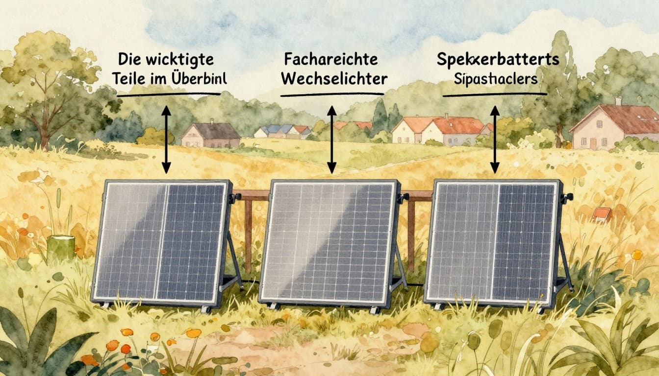 Sauber angeordnete Solarmodule, Wechselrichter und Speicherbatterie eines Balkonkraftwerks auf einem typischen Stadtwohnungs-Balkon mit sonnigem Frühlingshintergrund und Stadtblick, in Aquarellstil mit weichem Pinselstrich.