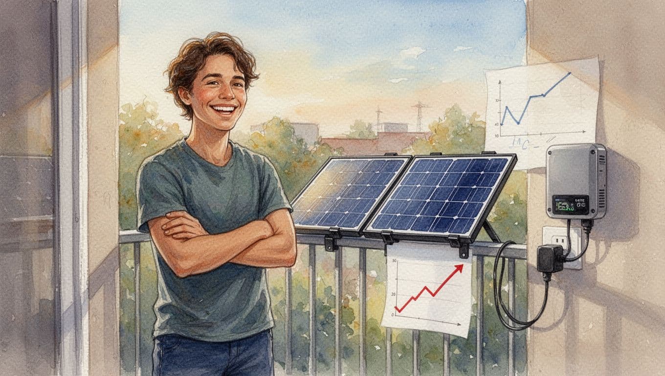 Ein gluecklicher Mensch steht entspannt laecheln mit ueberkreuzten Armen auf einem sonnigen Balkon neben einem Balkonkraftwerk mit zwei Solarmodulen auf der Bruestung und Wechselrichter in der Schuko-Steckdose sowie einer offenen Stromrechnung mit Pfeil nach unten fuer Ersparnis. Aquarellstil mit weichem Sonnenlicht, sanften Uebergaengen und sichtbarer Pinseltextur.