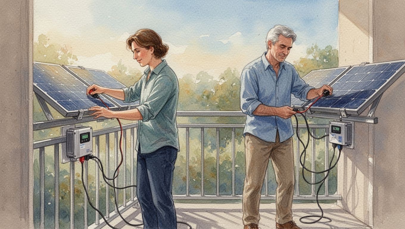 Zwei Personen auf sonnigem Balkon: links Mieter befestigt Solarmodule an Brüstung und steckt Wechselrichter ein, rechts Eigentümer unabhängig dasselbe mit klarer Körpersprache-Unterscheidung. Watercolor-Stil mit weichem Licht, soft blending und sichtbarer Pinseltextur.