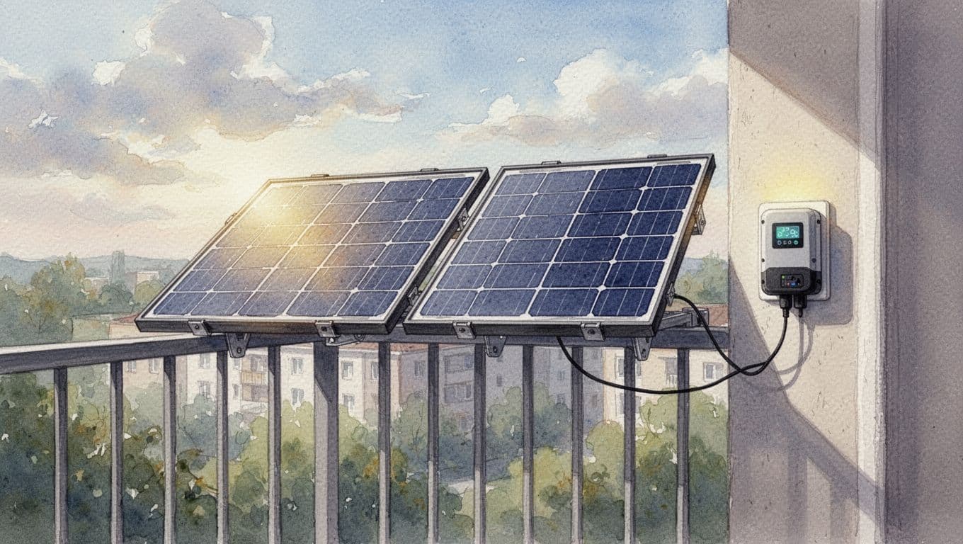 Zwei leistungsstarke Solarmodule auf der Balkonbrüstung, verbunden mit einem kleinen Wechselrichter in einer Schuko-Steckdose, im weichen Wasserfarben-Stil mit Pinseltextur und filterndem Sonnenlicht.
