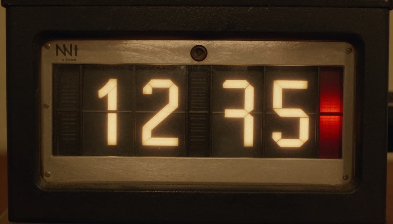 Nahaufnahme eines klassischen mechanischen Stromzählers mit schwarzen rotierenden Walzen und roter Nachkommastelle, die 12345 zeigt, in einem dämmrigen Kellerraum in weichen Wasserfarben mit sichtbarer Pinselstruktur und warmem gedämpftem Licht.