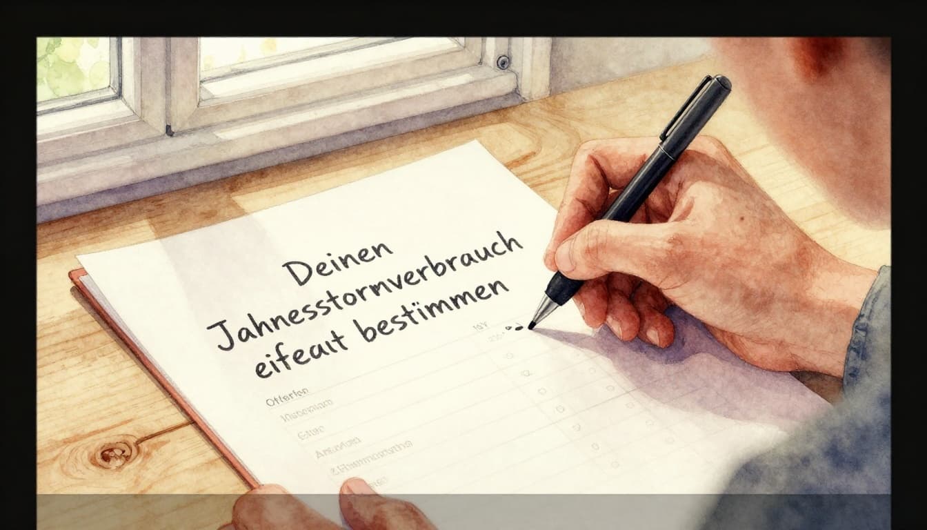 Watercolor style image of a cozy German kitchen featuring a modern electricity meter on the wall, an open electricity bill on the wooden table, and one person in casual clothing noting numbers with a pen, illuminated by natural morning light through the window.