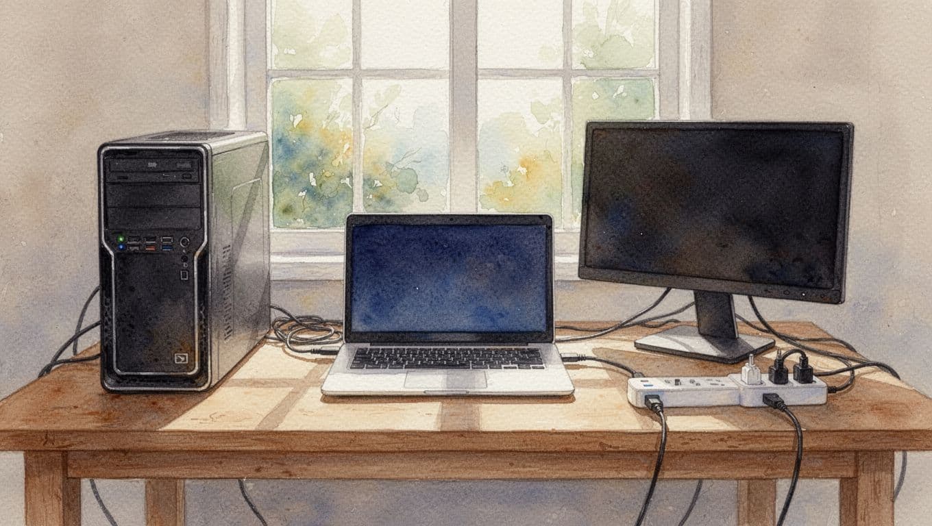 Ein gemütliches Homeoffice-Schreibtisch-Setup mit laufendem Desktop-PC, Laptop und Monitor, sichtbaren Kabeln und Steckdosenleiste bei natürlichem Tageslicht durch Fenster. Watercolor-Stil mit weichem Blending, Pinseltextur, warmen Tönen und weichem Licht.