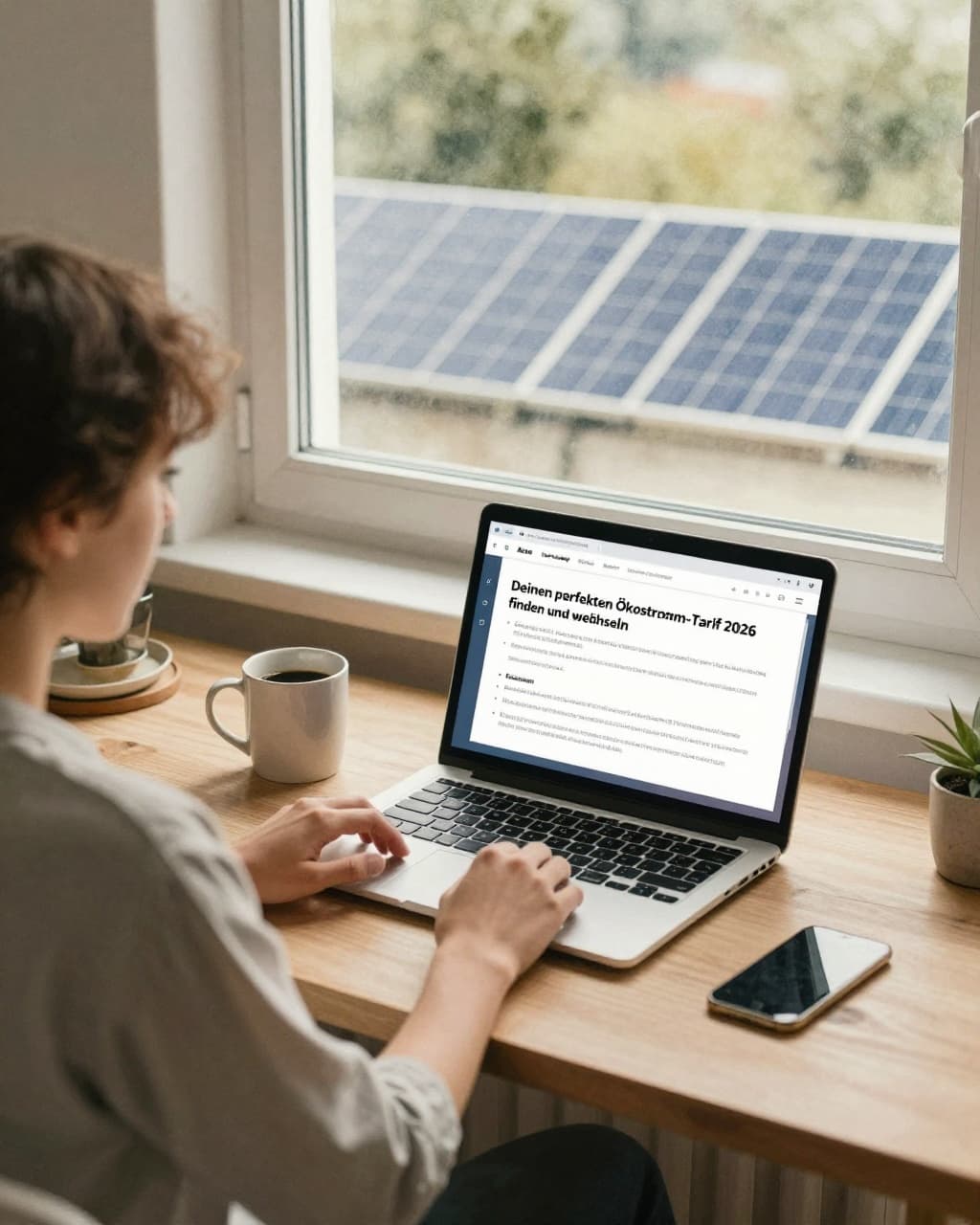 A relaxed person in a cozy home office compares energy tariffs on a laptop at their desk, with a coffee mug nearby and solar panels visible through the window, rendered in soft watercolor style with warm blended tones.