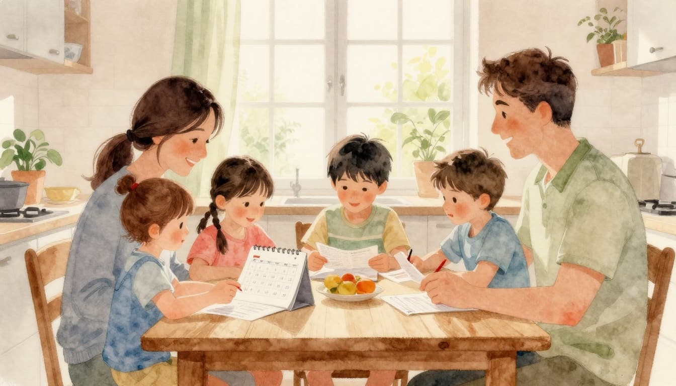 Eine typische deutsche Familie mit zwei Erwachsenen und einem Kind sitzt am Küchentisch und plant ihren jährlichen Stromverbrauch mit Kalender und Rechnungen. Wasserfarben-Stil mit weichem Mischen, sichtbarer Pinseltextur und hellem natürlichem Licht durch das Fenster.