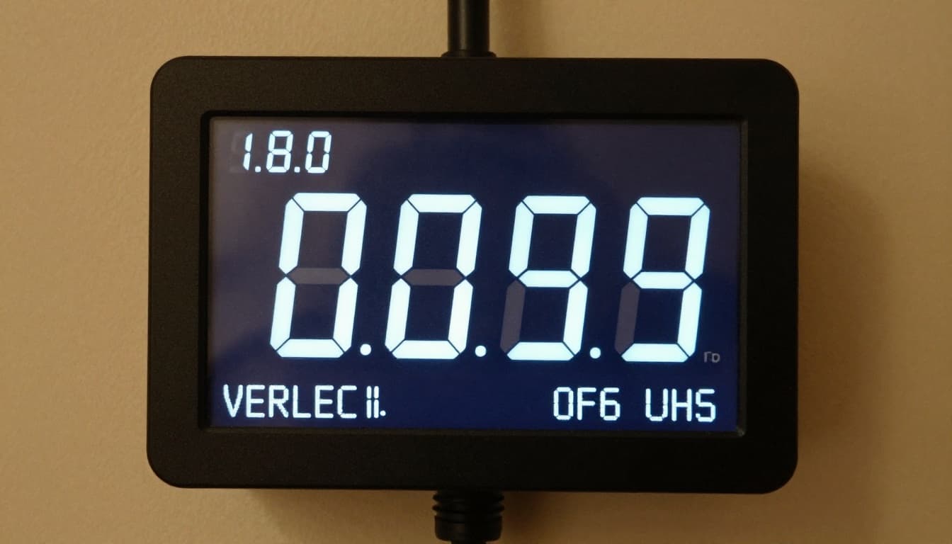 Nahaufnahme eines digitalen Stromzählers mit LCD-Display, das Code 1.8.0 und Verbrauch 00572 zeigt, montiert an einer Wand in einem Flur in weichen Wasserfarben mit sichtbarer Pinselstruktur, warmer Beleuchtung und Taste daneben.