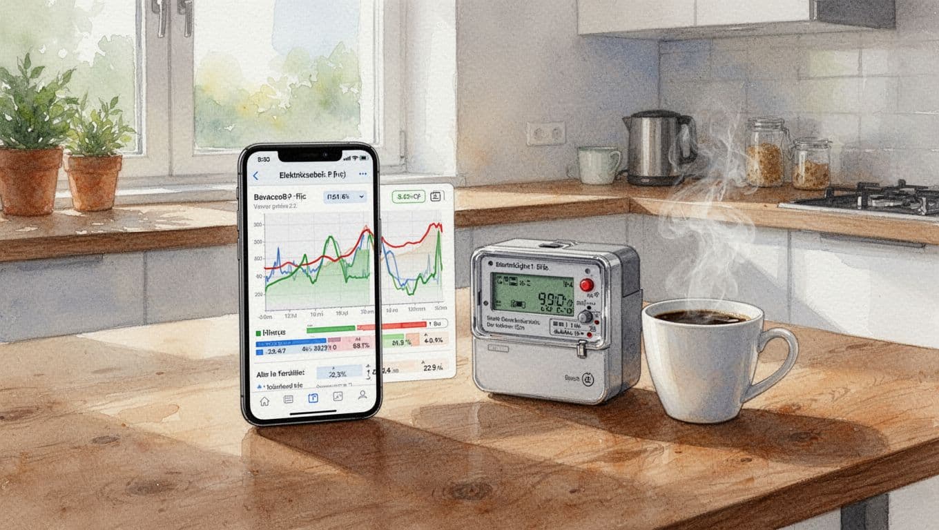 Watercolor-style smartphone app interface on a wooden table in a bright German kitchen, displaying dynamic hourly electricity price charts and smart meter usage data, next to a coffee cup and the meter device.
