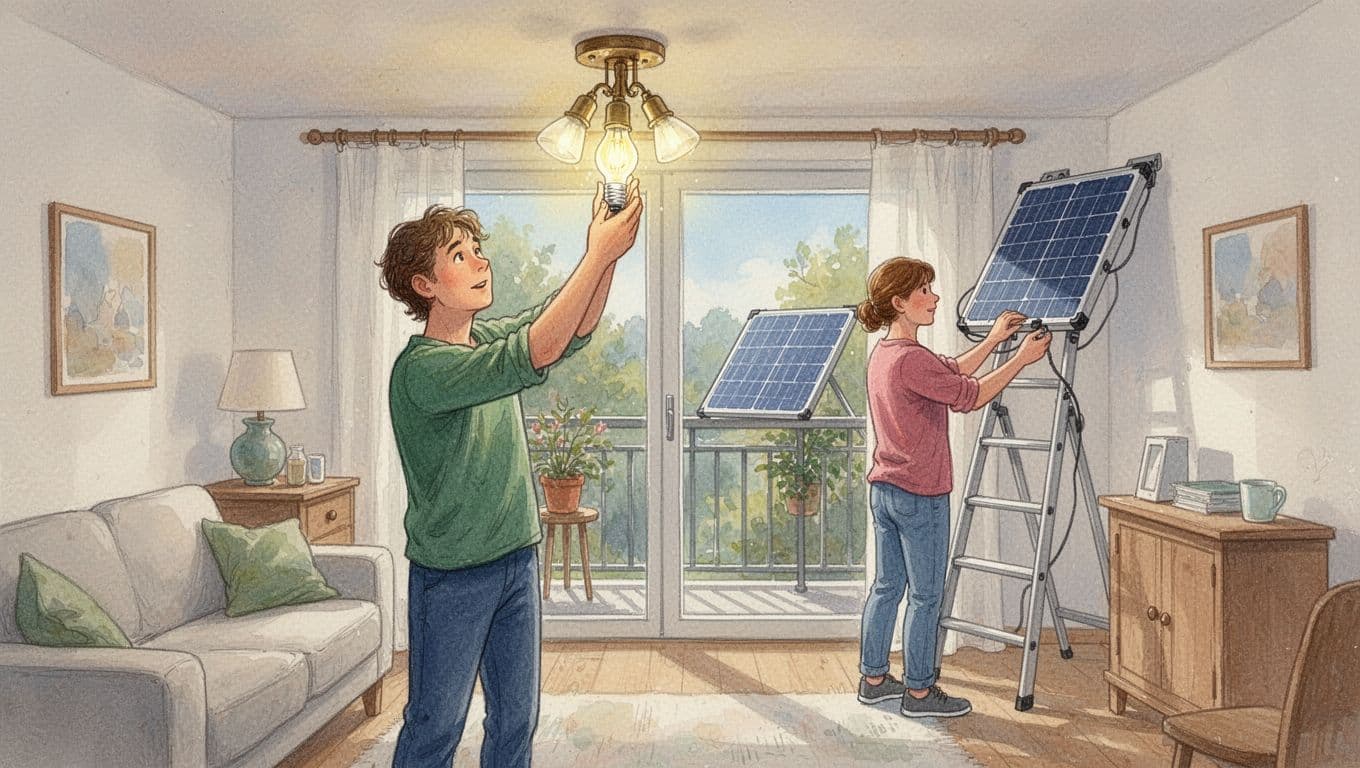 Eine Person tauscht in einem hellen Wohnzimmer eine Glühbirne gegen eine LED-Lampe, die andere montiert ein Balkonkraftwerk auf dem sonnigen Balkon. Gemütliches deutsches Haus in entspannter Atmosphäre im Aquarellstil mit weichen Übergängen.