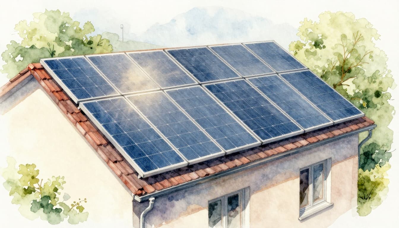 Watercolor illustration of a German apartment balcony facing east-west with solar panels split on both sides, shallow 15-degree tilt, morning sun on east panels and afternoon sun on west, soft blending and visible brush texture, no people or text.