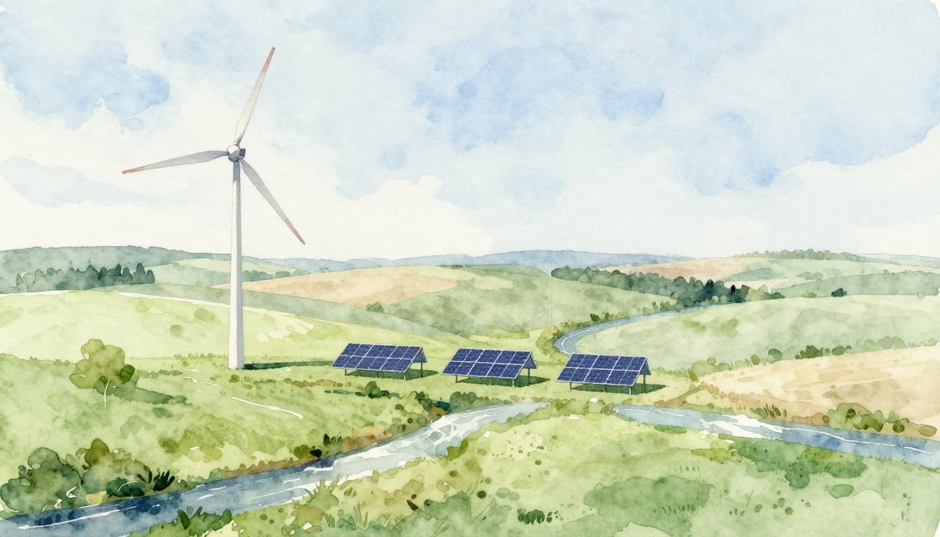 Soft watercolor depiction of a peaceful German rural landscape featuring one modern wind turbine, four solar panels on a hillside, and a small river hinting at hydropower, in blended pastel greens and blues.