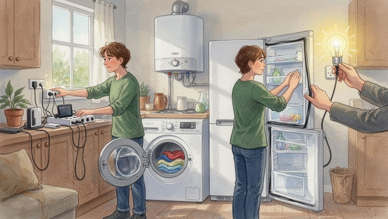 Watercolor illustration of immediate energy-saving measures in a typical German home: switching off power strips, lowering thermostat, full-load washing machine, checking fridge seal, installing LED bulb, with two people in cozy kitchen and living room.