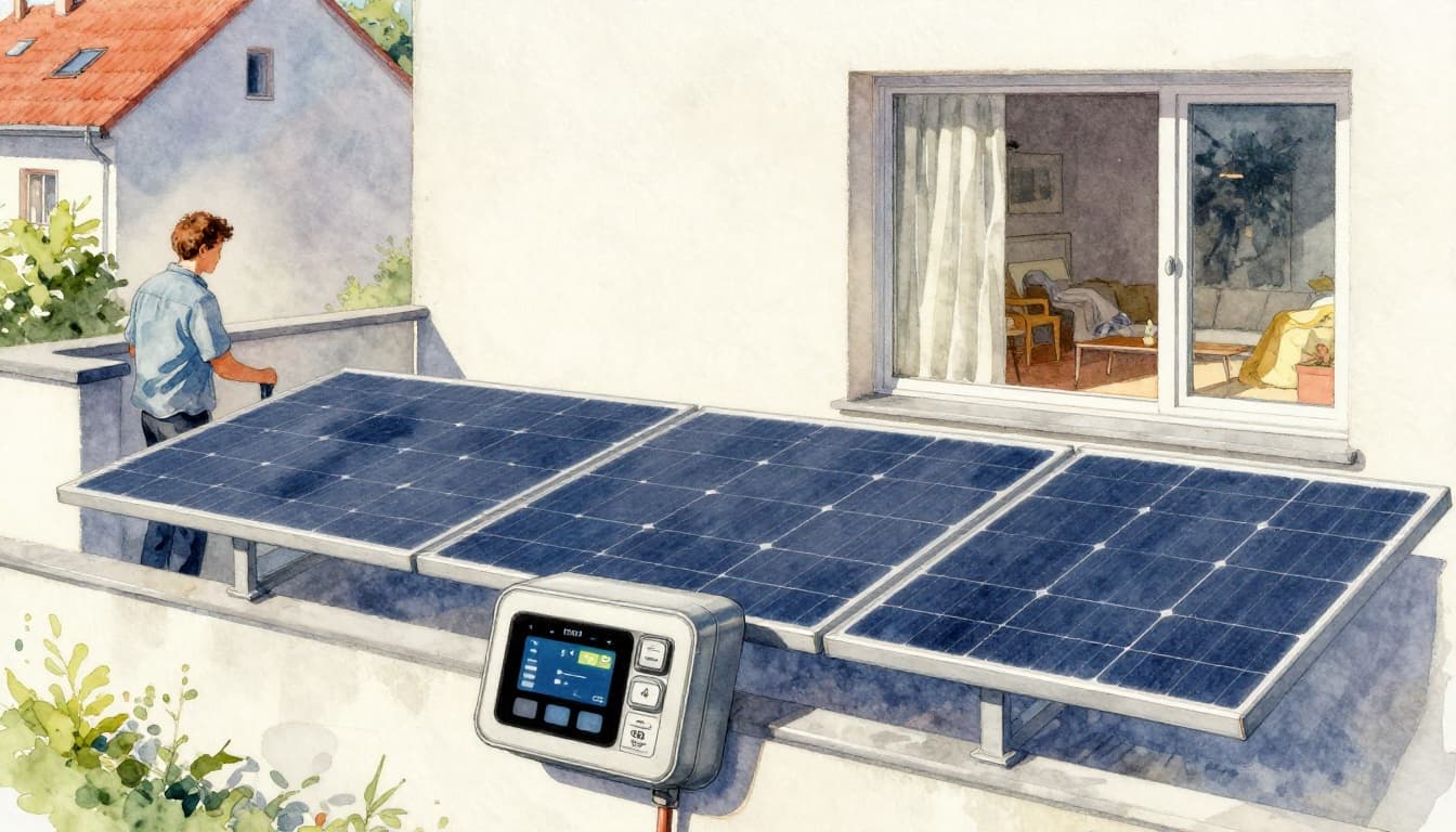 In a typical German rental apartment, a curious tenant examines a modern smart meter in the foreground meter box, with a balcony solar power system on the balcony and a bright sunlit living room in watercolor style.