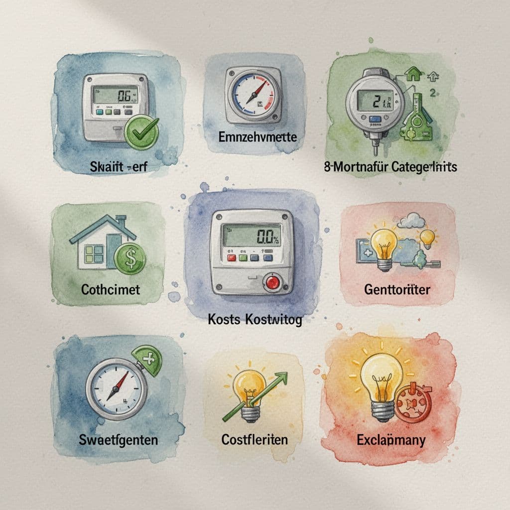 Watercolor infographic depicting smart meter costs and exceptions in Germany, with icons for free installation, no gateway required, and voluntary early installation. Features soft blending, visible brush texture, neutral background, and square aspect ratio.