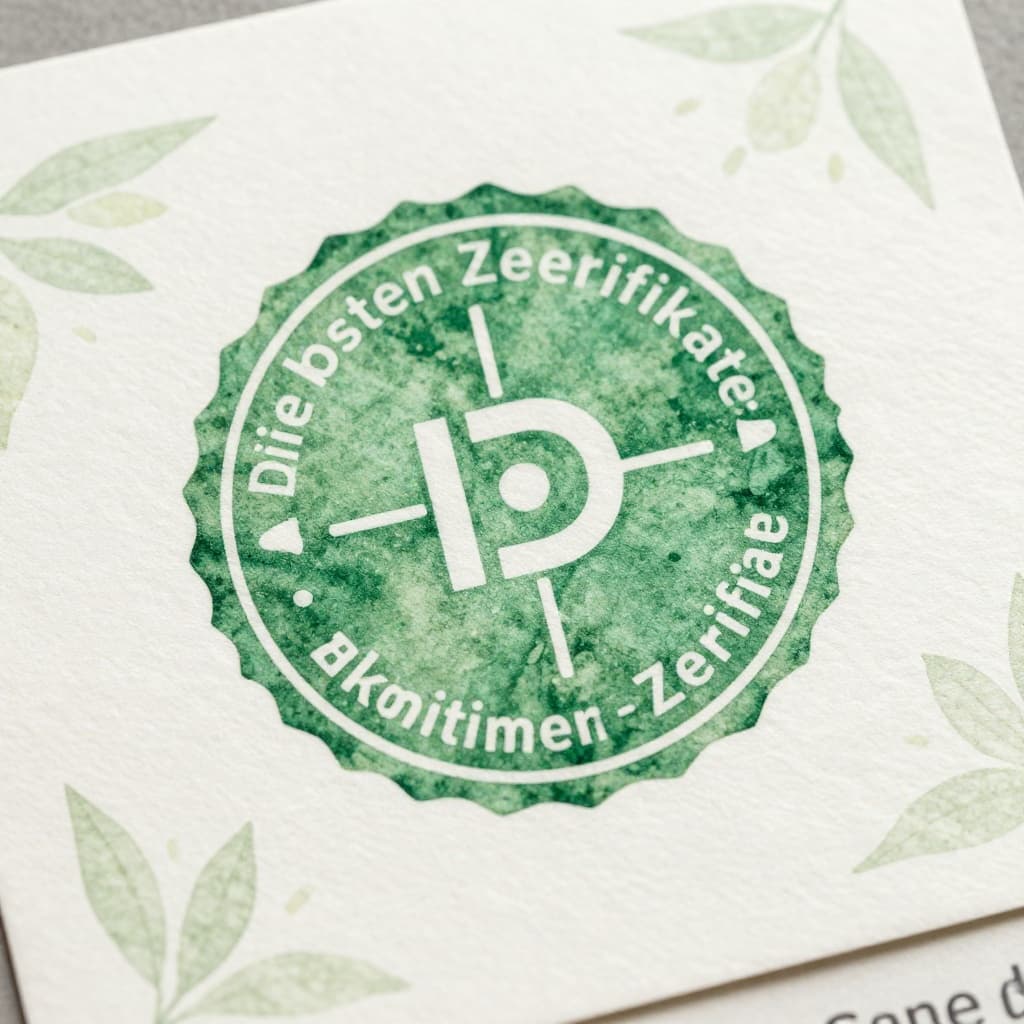 Close-up of a green energy certificate seal on parchment paper surrounded by subtle leaf motifs and sun rays, in elegant watercolor style with soft blending and visible brush strokes on a neutral background.