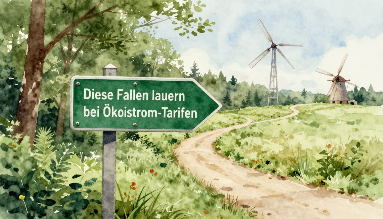 A winding forest path diverges with a deceptive greenwashed signpost pointing astray, contrasted by a clear true path leading to a distant windmill, rendered in soft watercolor style with blended earth tones and greens.