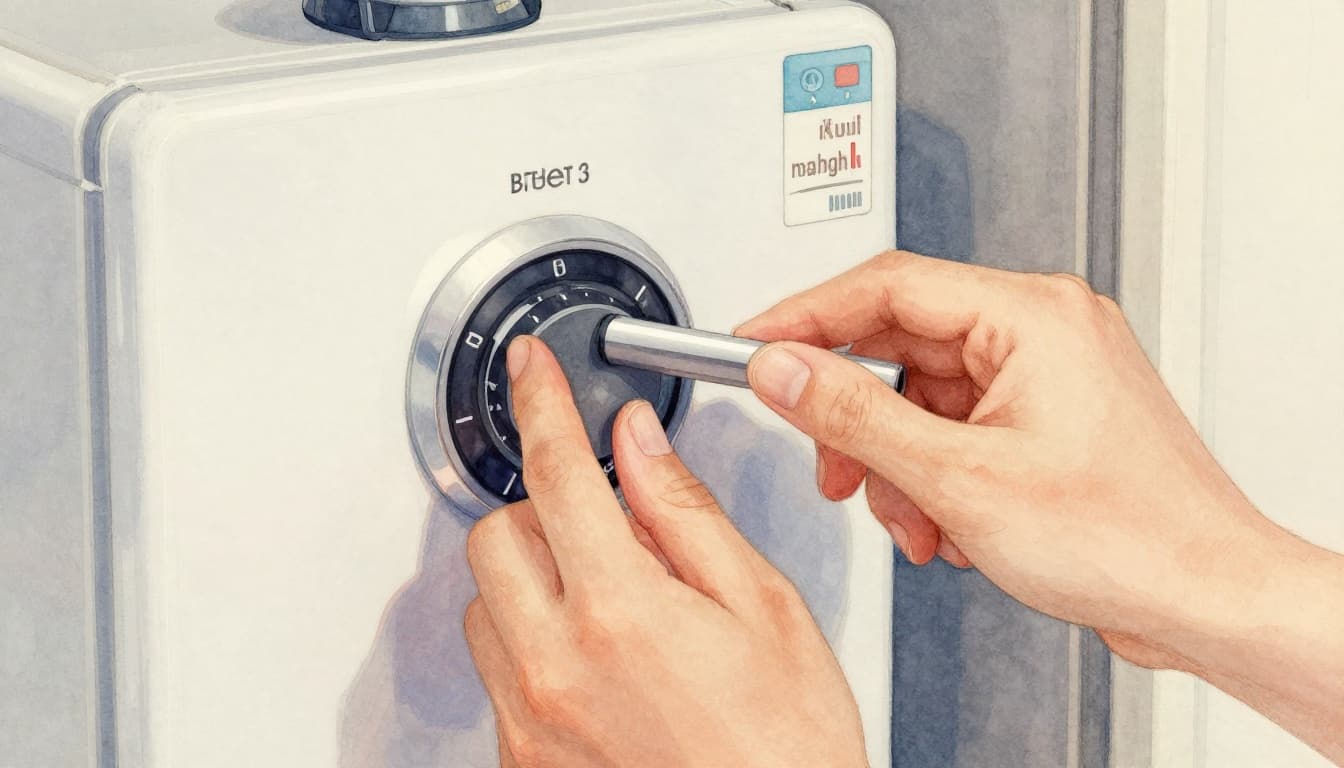 Watercolor illustration of a single hand with two fingers turning the refrigerator temperature control to setting 3, kitchen in background, thermometer visible, soft blending and brush texture.