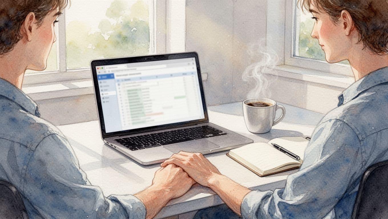 Eine Person sitzt an einem hellen Schreibtisch in einem gemütlichen Home-Office, Laptop offen mit unscharfer Vergleichstabelle für Stromtarife auf dem Bildschirm, daneben eine Tasse Kaffee und ein Notizblock mit Stift. Aquarellstil mit sanfter Mischung, sichtbarer Pinseltextur und natürlichem Tageslicht.