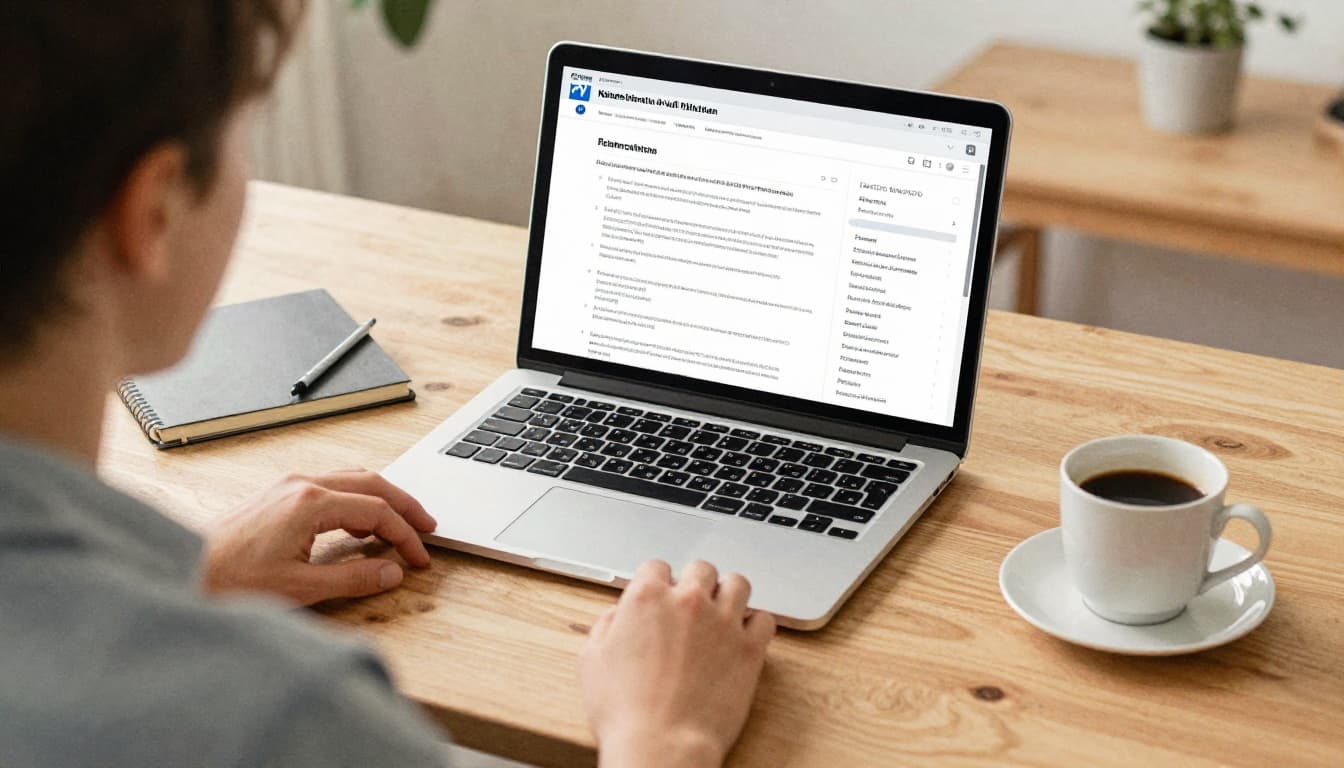 Watercolor-style illustration of a person in a relaxed pose at a bright home office desk, laptop open to a PV sizing tool page, coffee cup and notepad nearby, natural indoor light with soft blending and brush texture.