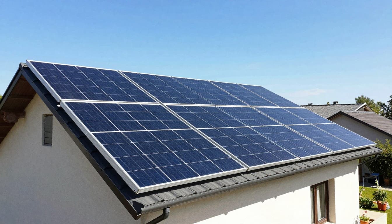 Watercolor style image of solar panels on a house roof under a bright blue sky, featuring a simple installation with garden and household in the background, no battery storage, people, text, or logos visible.