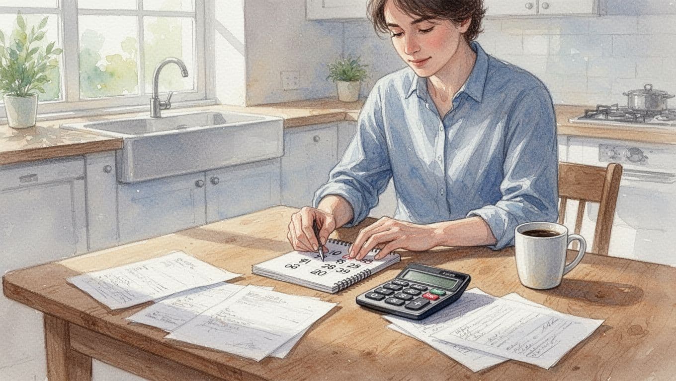 Eine alleinstehende Person sitzt an einem Holztisch in einer hellen Küche, umgeben von Stromrechnungen, Taschenrechner und Kaffeetasse, und addiert Zahlen auf einem Block, um den Verbrauch zu ermitteln. Aquarellstil mit weichem Blending, sichtbarer Pinseltextur und natürlichem Tageslicht.