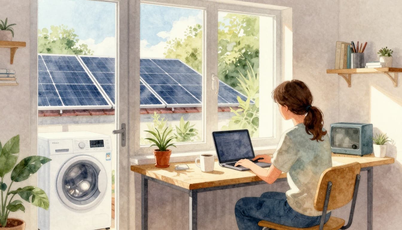 A cozy home office during midday sunlight with laptop on desk, running washing machine in laundry room visible through door, solar panels on roof outside window, relaxed person working with coffee mug, watercolor style.