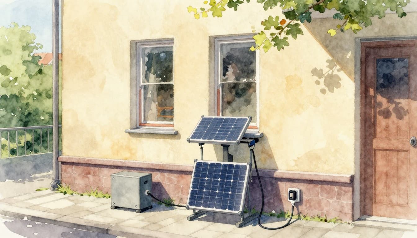 Wohnungsbalkon an einem sonnigen Tag mit Balkonkraftwerk: Solarmodul am Geländer ohne Bohren befestigt, Stecker in der Steckdose, urbaner Hintergrund mit Mehrfamilienhaus, im Aquarellstil mit weichen Pinseltexturen und warmen Tönen.