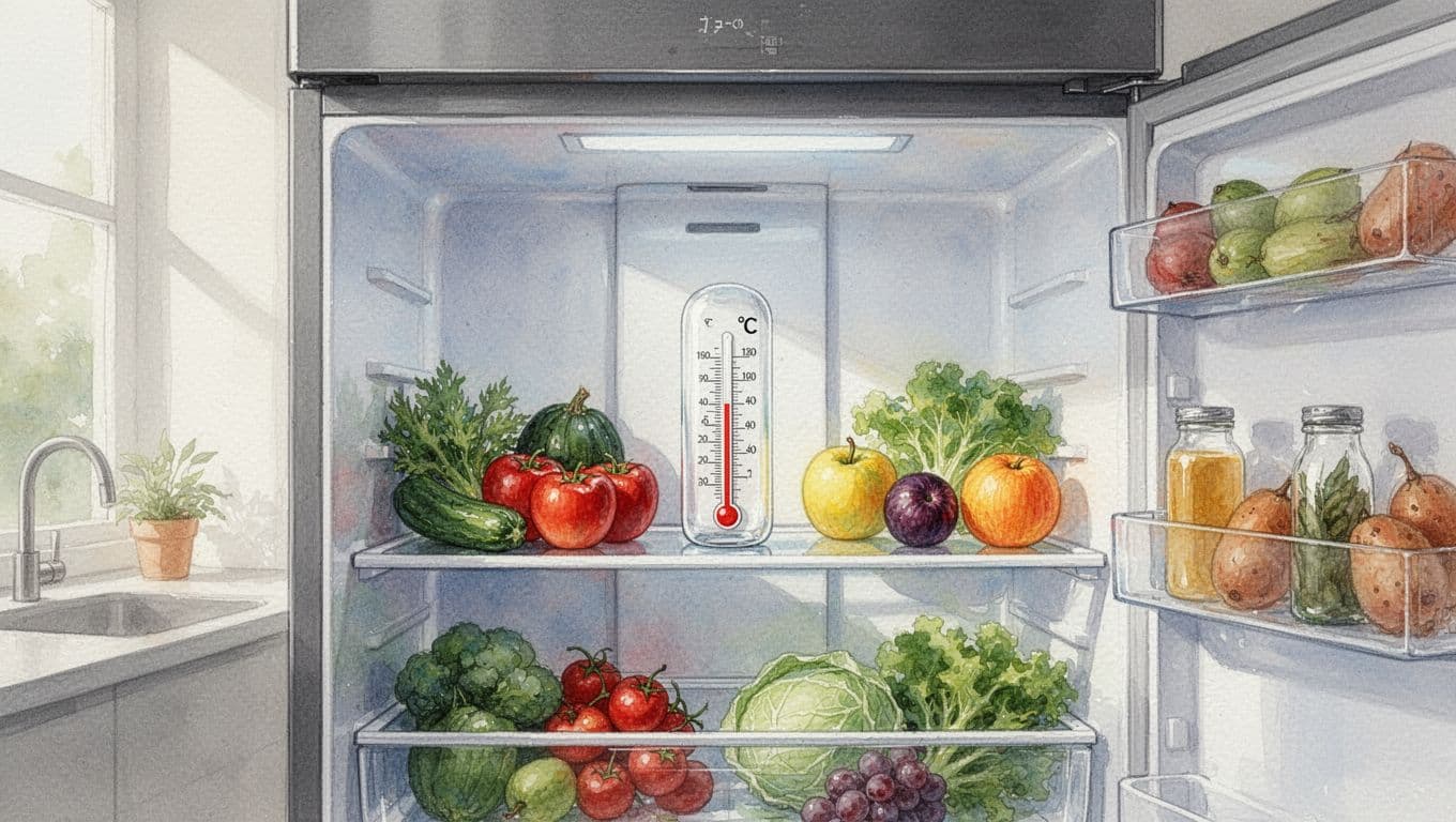 Modern refrigerator with open door in bright kitchen, thermometer in middle shelf showing 7°C, neatly arranged food shelves, watercolor style with soft blending and brush texture.