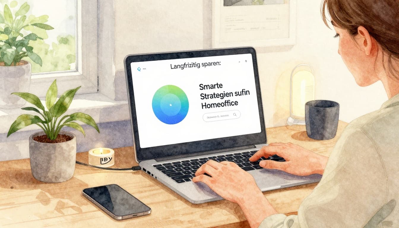 Ein modernes Homeoffice mit Smart-Meter-Display, Balkonkraftwerk am Fenster, effizienten LED-Lampen und Laptop. Watercolor-Stil mit weichem Blending, warmer Tönen und hellem Tageslicht.