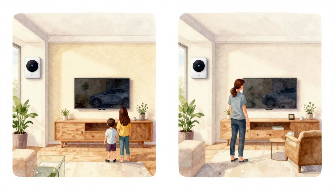 Zwei separate Szenen in weichem Wasserfarben-Stil mit sichtbarer Pinseltextur: Ein Paar in moderner Wohnung mit Smart-Meter und warme Innenbeleuchtung sowie eine Familie mit E-Auto vor dem Haus.