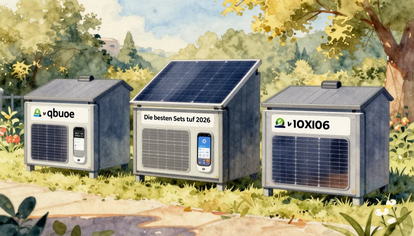 Verschiedene smarte Balkonkraftwerke-Sets mit App-Steuerung und Speichern, futuristisch-realistisch auf Balkonen in sonniger Szene platziert, im Aquarellstil mit weichem Blending, sichtbarer Pinseltextur und warmer Palette.