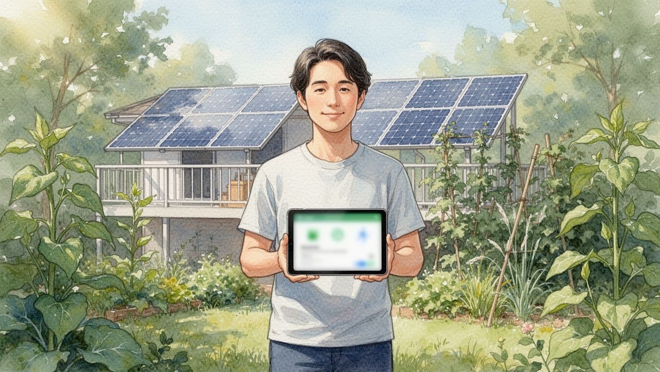 Eine entspannte Person steht in einem sonnigen Garten neben einem Balkonkraftwerk, hält ein Tablet mit Filter für Ökostrom-Tarife und ist umgeben von grünen Pflanzen sowie einem Solarpanel im Hintergrund. Aquarellstil mit sanfter Mischung, sichtbarer Pinseltextur und hellem Sonnentag.