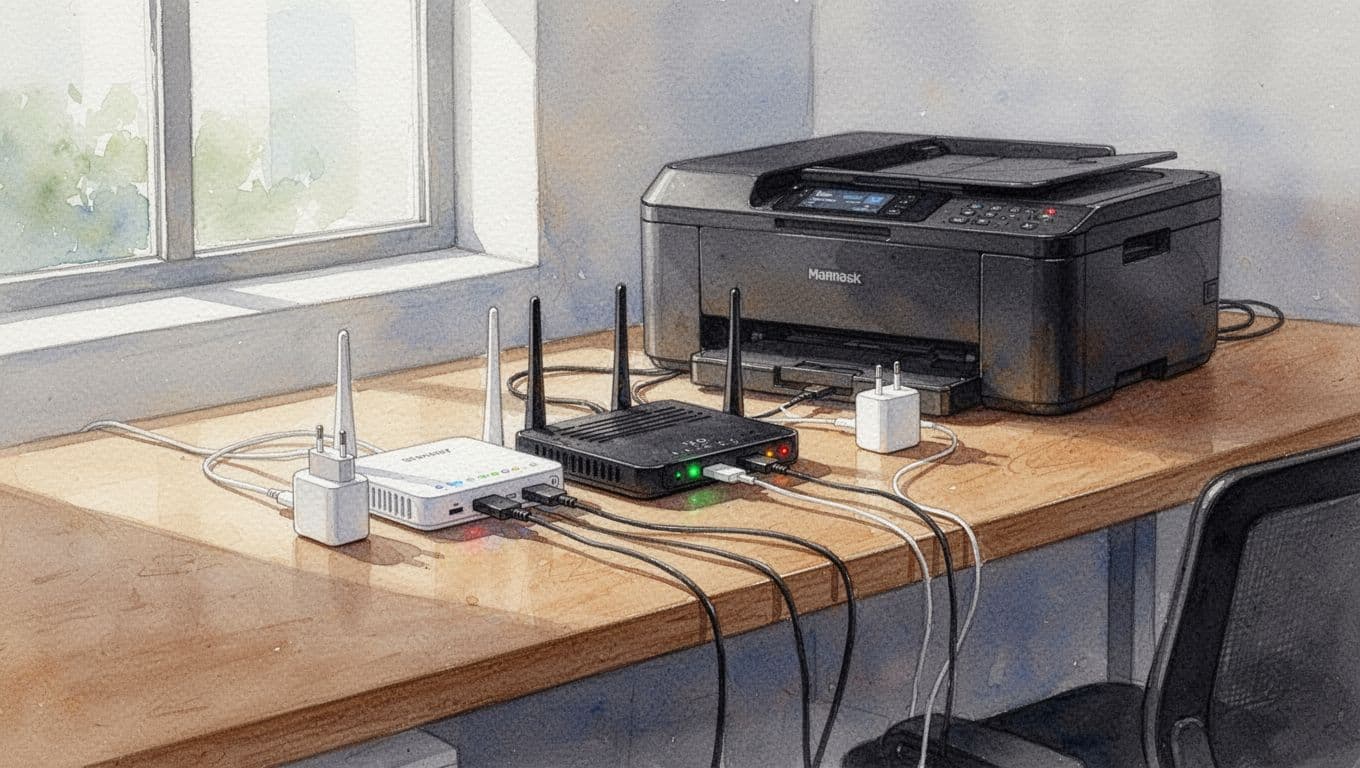 Side-view watercolor of printer, router, chargers on office table with connected cables and glowing standby lights, warm tones, soft blending.