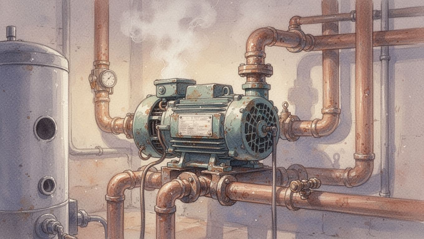 Watercolor style close-up of an old inefficient heating pump circulating water through pipes in a boiler room, with faint steam rising and an old energy label.