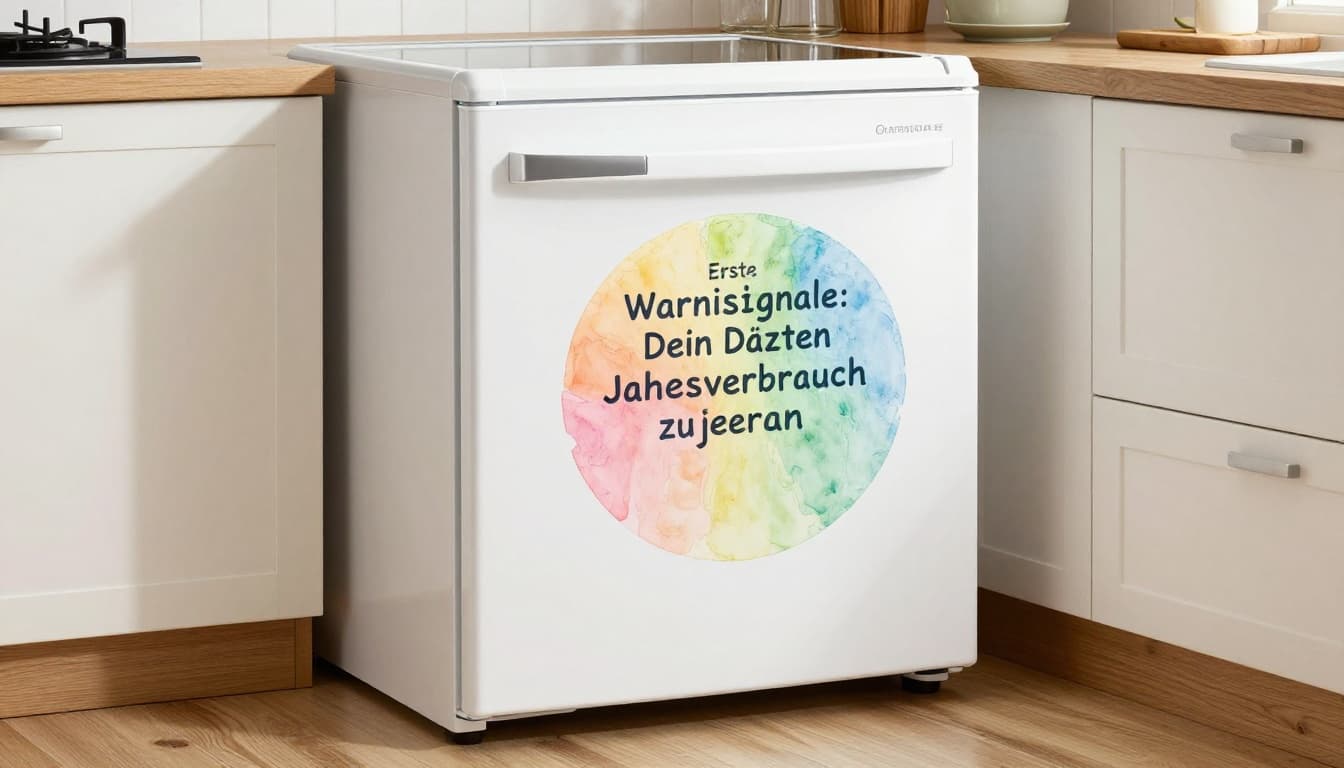 An old white refrigerator stands in a bright kitchen with its door open, revealing a visible type plate showing high annual energy use, in watercolor style with soft blending and pastel colors.