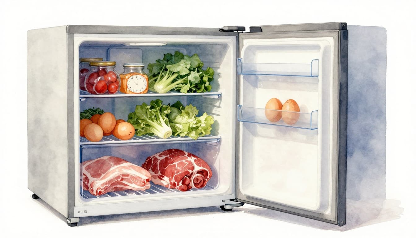An open refrigerator in a bright kitchen, perfectly organized with meat on bottom shelves, vegetables in the middle, milk and dairy on top, eggs and drinks on the door, featuring fresh foods in watercolor style with soft blending and visible brush textures.