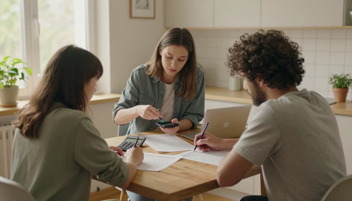 Eine Person sitzt entspannt am Küchentisch und berechnet mit Stift und Taschenrechner den Stromabschlag auf einer Stromrechnung. Watercolor-Stil mit weichem Blending, sichtbarer Pinseltextur und natürlichem Tageslicht.
