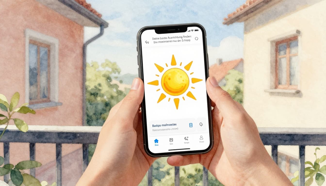 Person checking balcony orientation with smartphone app and sun path diagram overlay on sunny day, watercolor style with soft blending and visible brush texture, exactly one person holding phone naturally, simple balcony background.