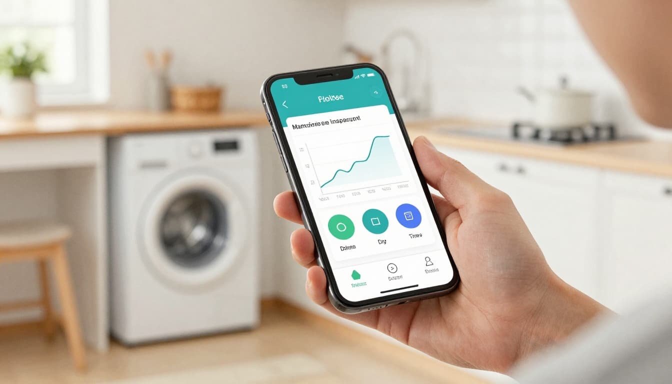 A person in a cozy kitchen holds a smartphone displaying an electricity meter app, featuring a graph with daytime peaks and icons for a washing machine and dishwasher scheduled for midday. Watercolor style with soft blending, visible brush texture, soft indoor light, and exactly one person with no extra hands, readable text, or logos.