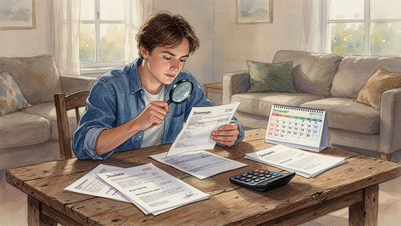 Eine Person sitzt an einem Holztisch im Wohnzimmer, prüft eine Stromrechnung mit Lupe, Kalender und Vertrag daneben, Taschenrechner im Einsatz. Aquarellstil mit weichem Blending, sichtbarer Pinseltextur und warmem Nachmittagslicht.