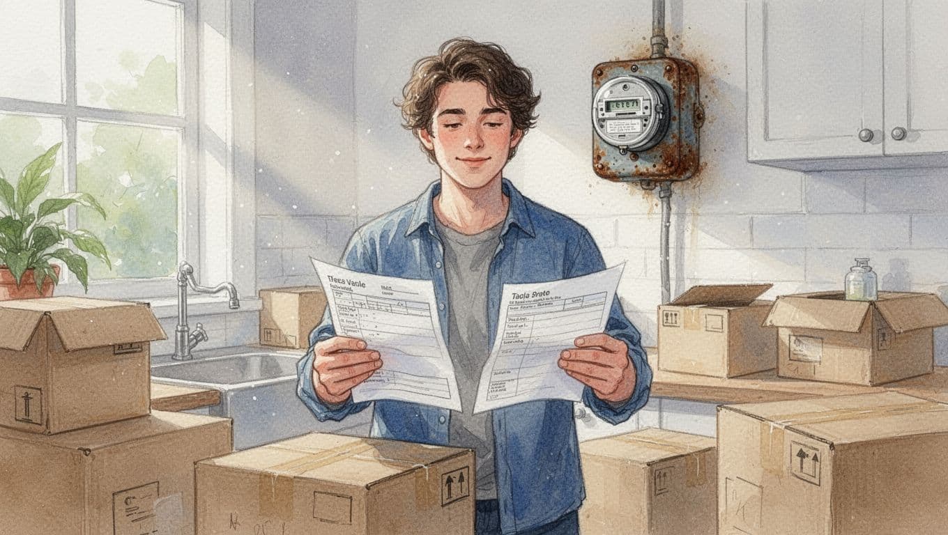 A person in a bright kitchen packs moving boxes while holding a letter with a cancellation form, an old electricity meter on the wall in the background. Watercolor style featuring soft blending, visible brush texture, and natural daylight.