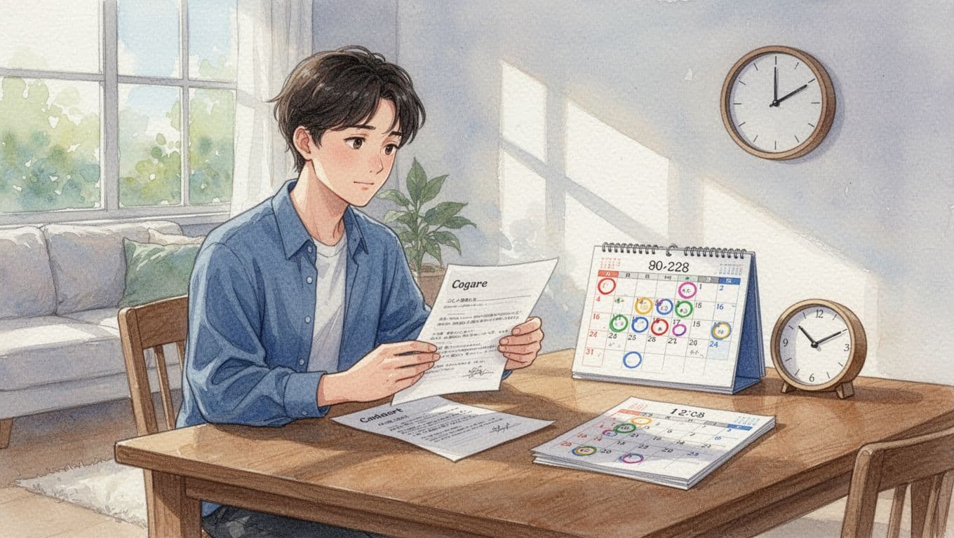 Eine Person sitzt nachdenklich an einem Holztisch in einem hellen Wohnzimmer, hält einen Stromvertrag in der Hand, daneben ein Kalender mit markierten Daten und eine Uhr, um Bindungslaufzeiten zu prüfen. Wasserfarbenstil mit weichem Blending, sichtbarer Pinseltextur und natürlichem Tageslicht.