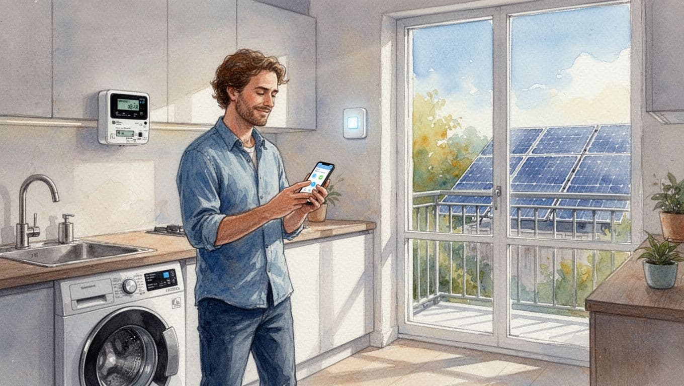 Eine entspannte Person richtet in einer modernen Küche ein Smart-Home-System mit Smartphone-App ein, neben einem smarten Zähler an der Wand, energieeffizienten Geräten wie Waschmaschine und sichtbarem Balkonkraftwerk am sonnigen Fenster, im Aquarellstil mit weichem Übergang und Pinseltextur.