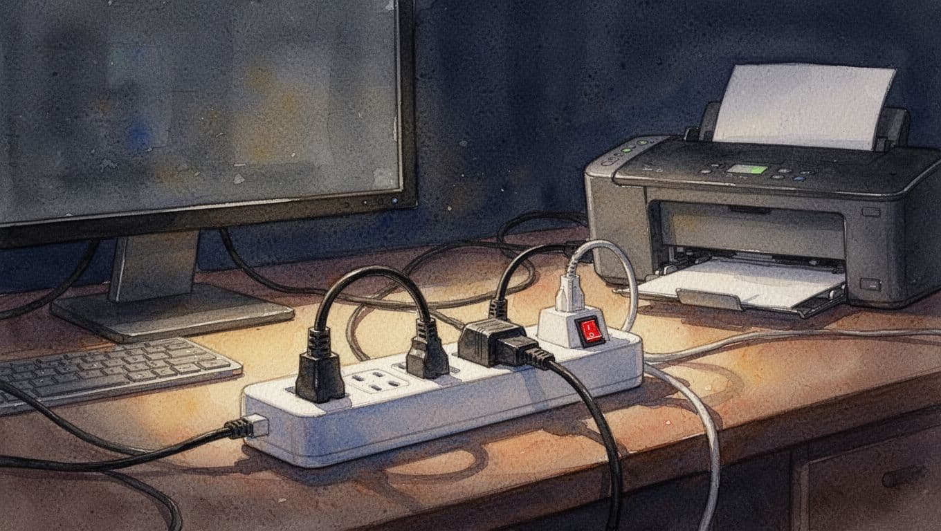 Watercolor close-up of a power strip with PC, monitor, and printer plugged in, switch off in a dark, dimly lit scene with soft blending and brush textures.