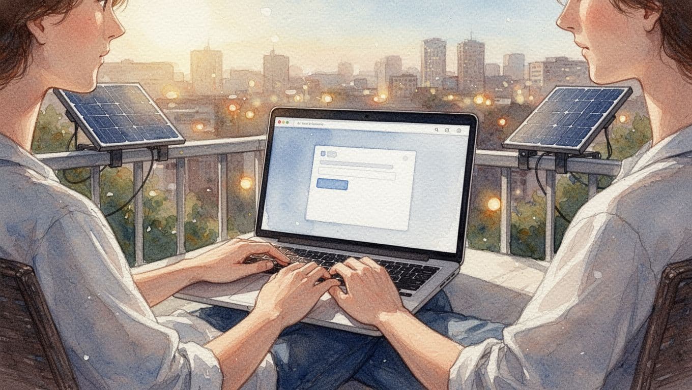 A single person sits relaxed at a laptop on a sunny balcony next to small solar modules of a balcony power plant, with the screen showing a simple registration page in watercolor style.