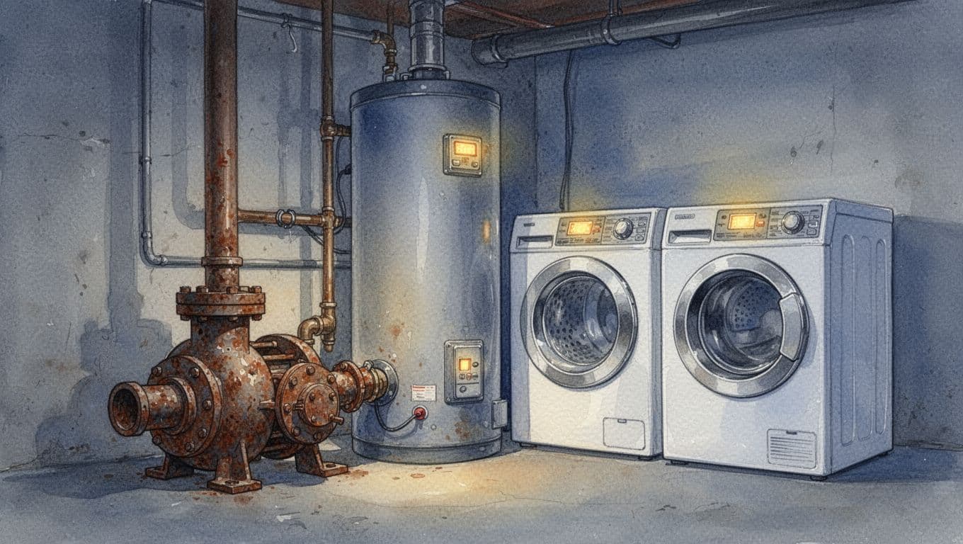 Watercolor illustration of an old rusty heating circulation pump next to a large electric hot water boiler and clothes dryer in a dimly lit home basement utility room, with glowing energy meters indicating high consumption.